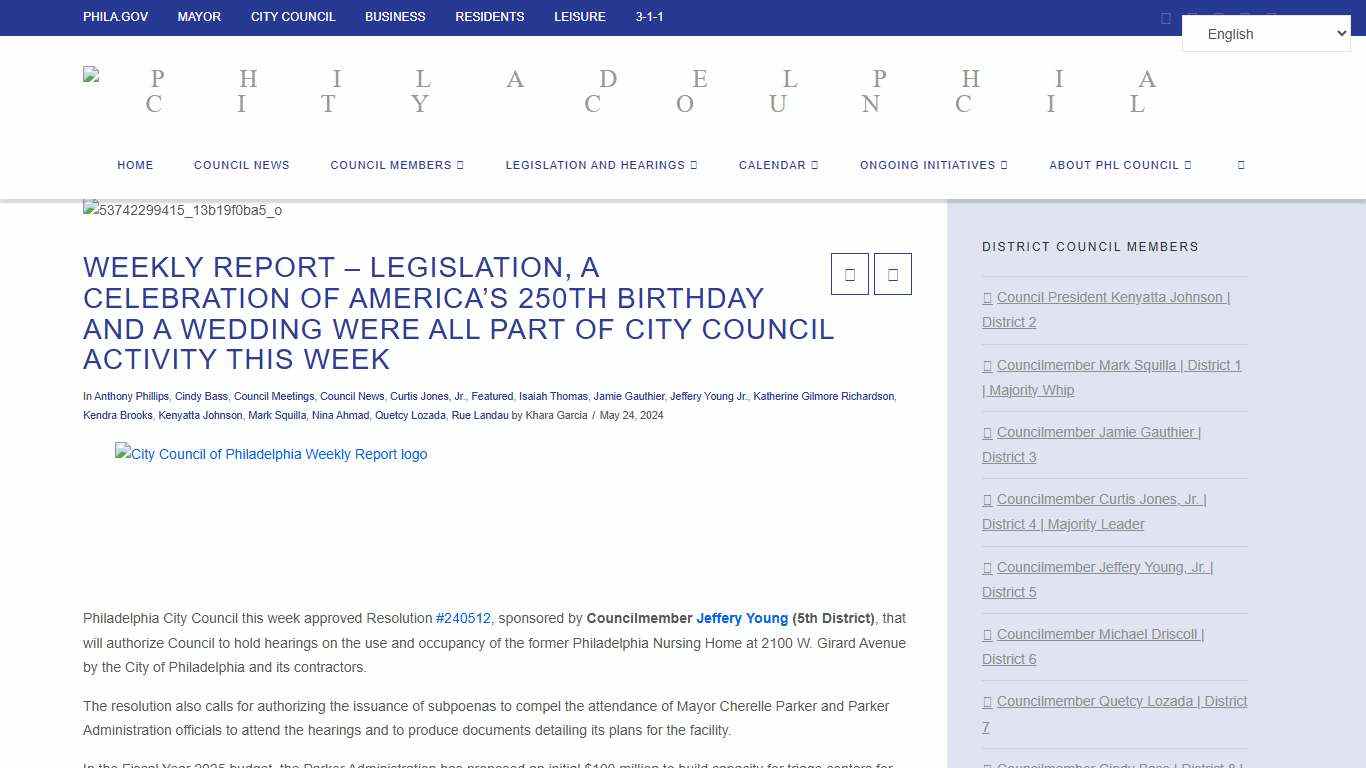 WEEKLY REPORT - LEGISLATION, A CELEBRATION OF AMERICA'S 250TH BIRTHDAY AND A WEDDING WERE ALL PART OF CITY COUNCIL ACTIVITY THIS WEEK - Philadelphia City Council