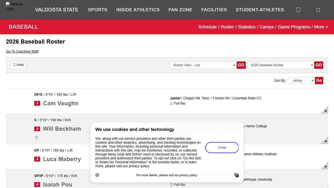 2026 Baseball Roster - Valdosta State University Athletics
